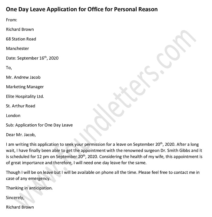 One Day Leave Application For Office For Personal Reason Sample Letters Sample Letters